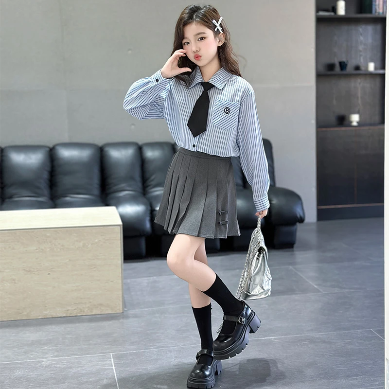 女童春季套装2025新款学院风洋气时髦中大童条纹衬衫百褶裙两件套