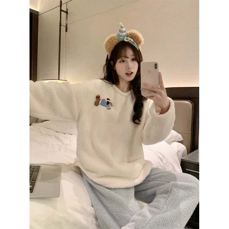 2025新款腊肠狗珊瑚绒睡衣长袖冬季加绒加厚两件套可外穿家居服