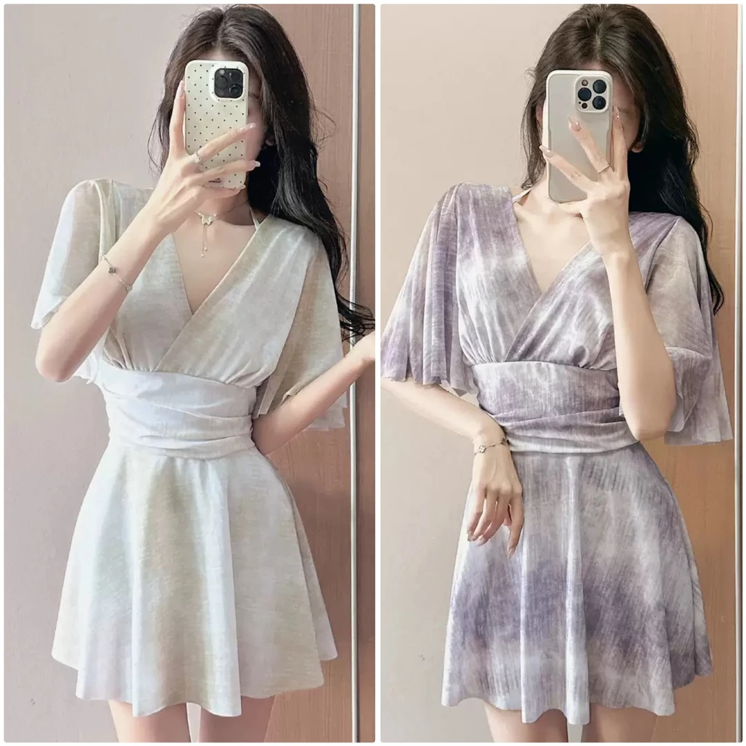 2025新款胖mm连体裙钢托保守显瘦遮肉夏季游泳度假平角泳衣女晕染