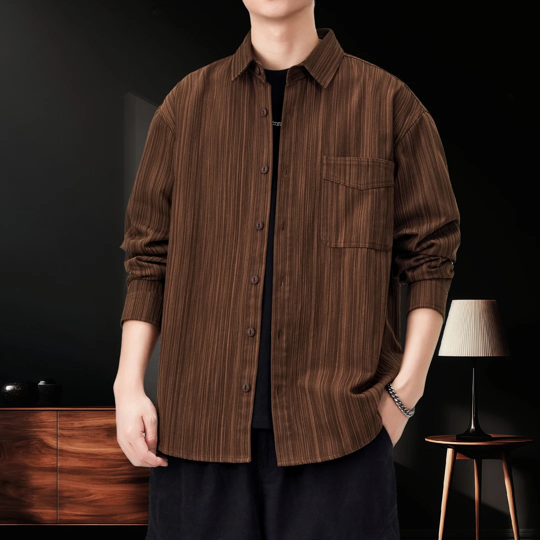 美式复古条纹肌理感长袖衬衫男士秋季新款宽松工装口袋衬衣外套潮