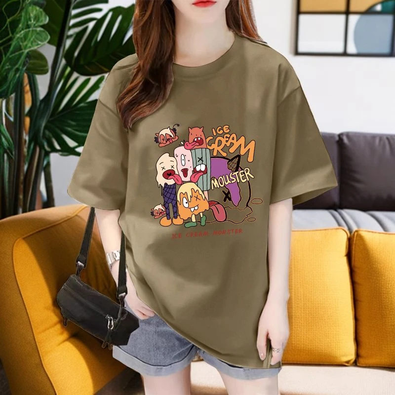 夏季新款圆领宽松美式复古设计感卡通图案印花短袖t恤女时尚百搭