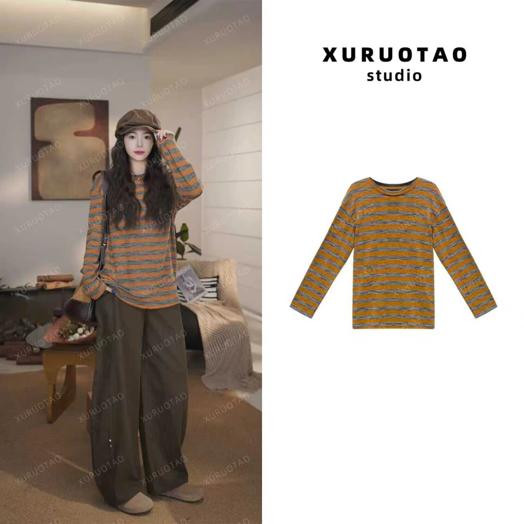 XURUOTAO 【南瓜际遇】100棉长袖条纹设计感时尚显瘦上衣 T5587