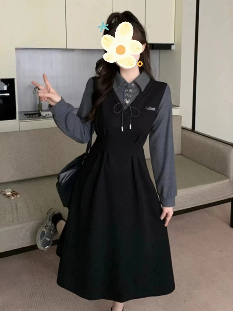 8227学院风假两件连衣裙女秋季流行风格胖mm高级感巨好看的a字裙