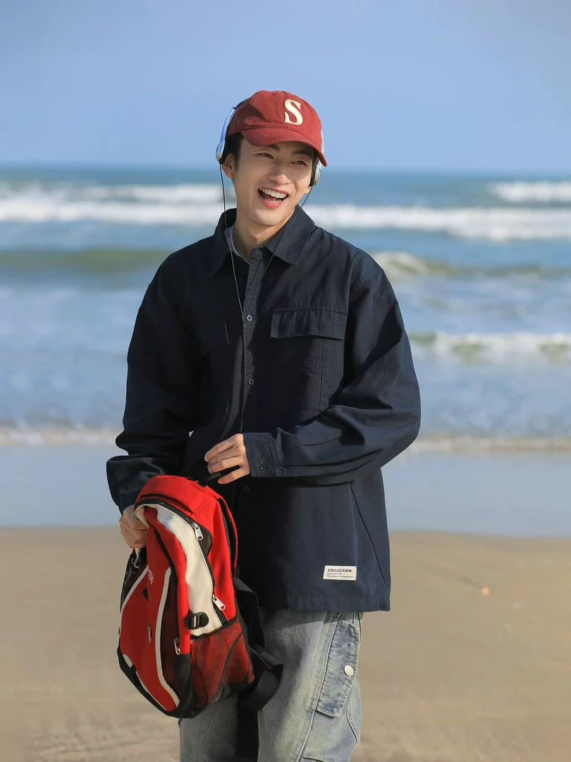 日系工装长袖衬衫男春秋宽松复古休闲男生衬衣外套-8533