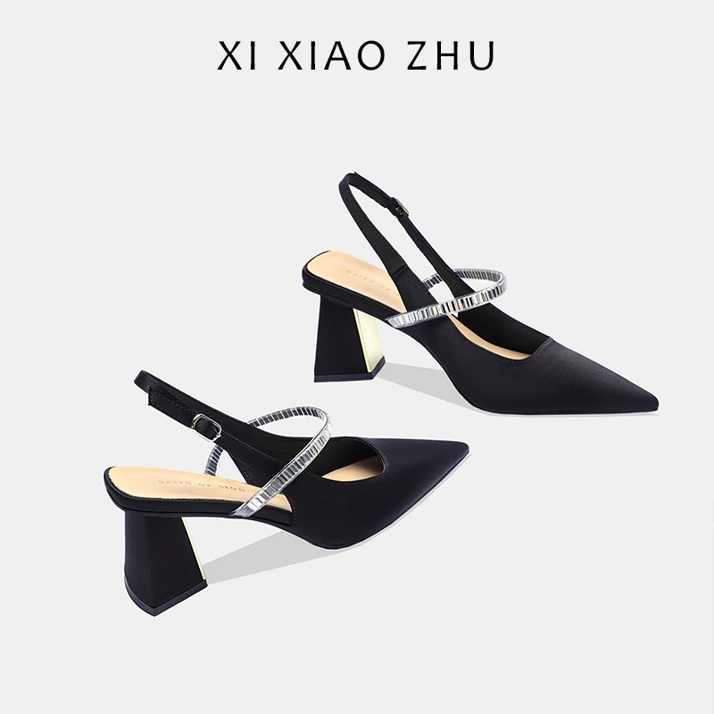 包头凉鞋女粗跟尖头水钻一字带气质配裙子黑色高跟鞋法式仙女单鞋