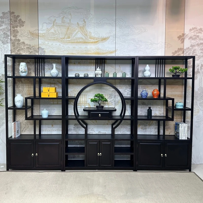 新中式博古架置物架全实木乌金黑檀色玄关柜客厅置物茶叶柜子茶桌
