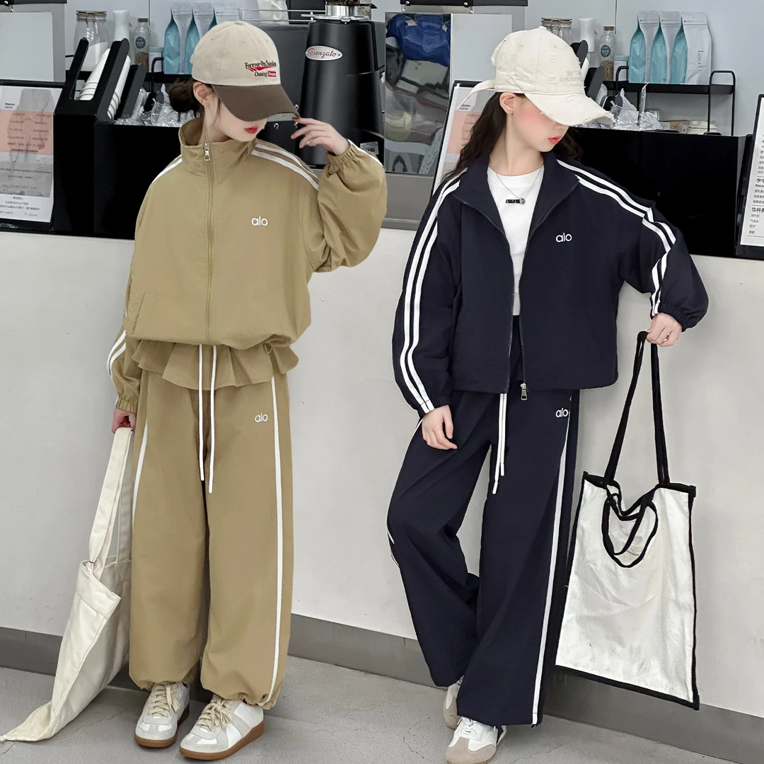 女童秋季新款拉条花边裤摆套装6-12岁女大童时尚运动发两件套女孩