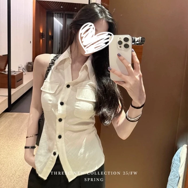 老钱风翻领马甲衬衫女夏设计感小众修身显瘦气质无袖背心上衣