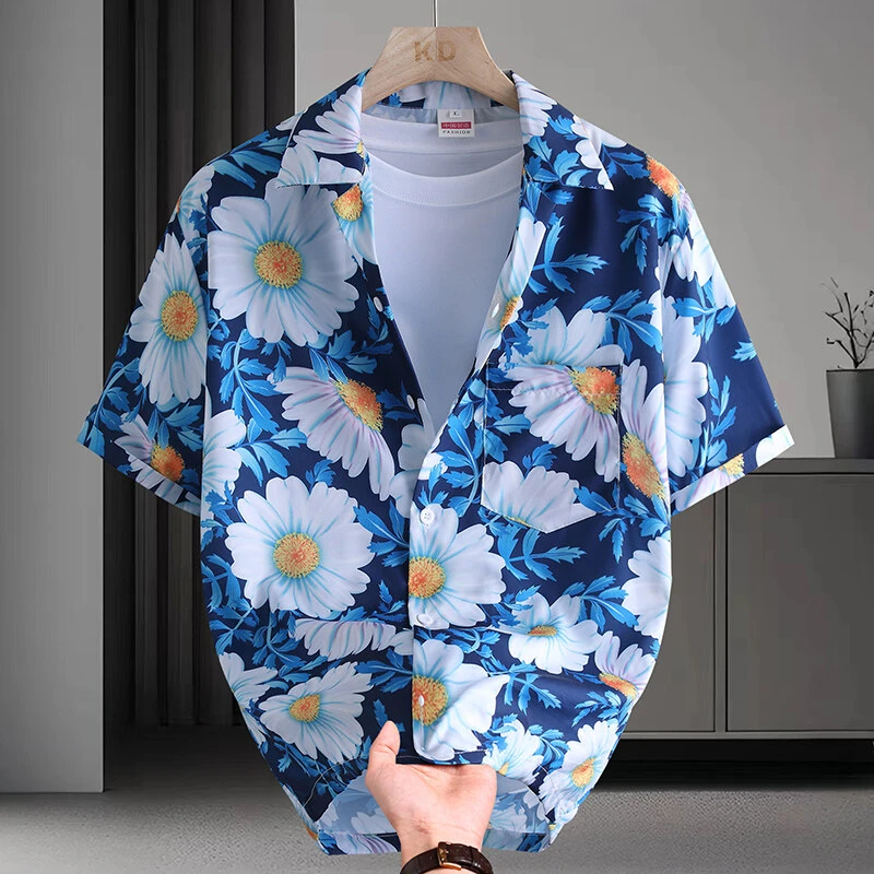 男士花衬衫夏季薄款痞帅沙滩复古韩版夏季ins衬衫休闲宽松印花