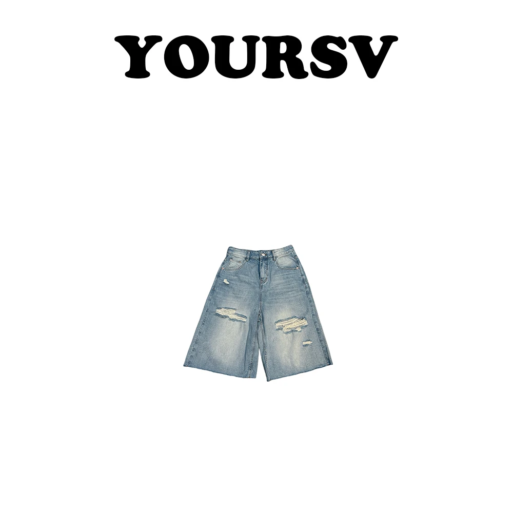 【YOURSV】「加州牛仔」夏季时尚破洞六分牛仔裤设计师磨边水洗直筒裤