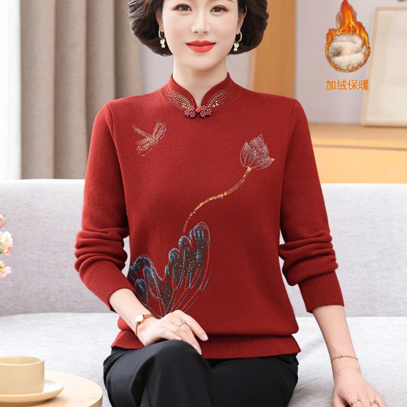 妈妈冬装加绒加厚毛衣一体绒保暖上衣中老年人女中式旗袍领打底衫