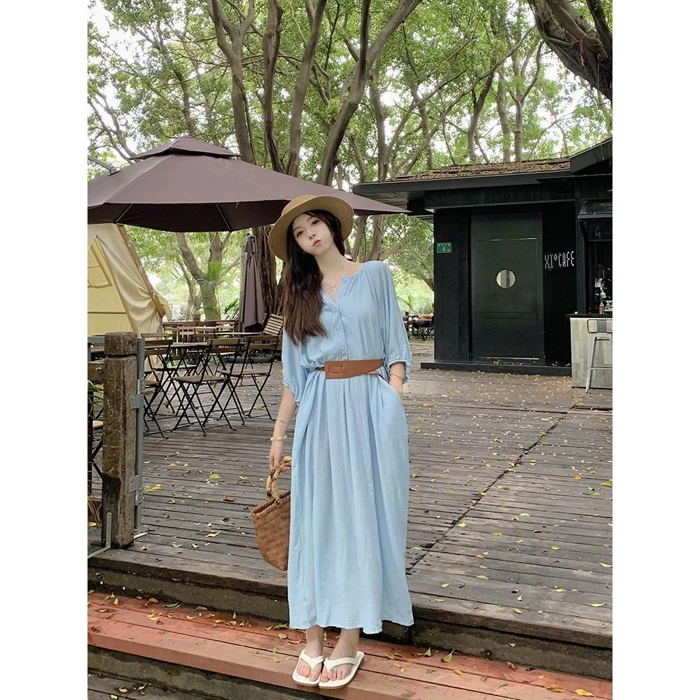 88大码胖mm法式气质灯笼袖收腰连衣裙女夏季高级感长裙