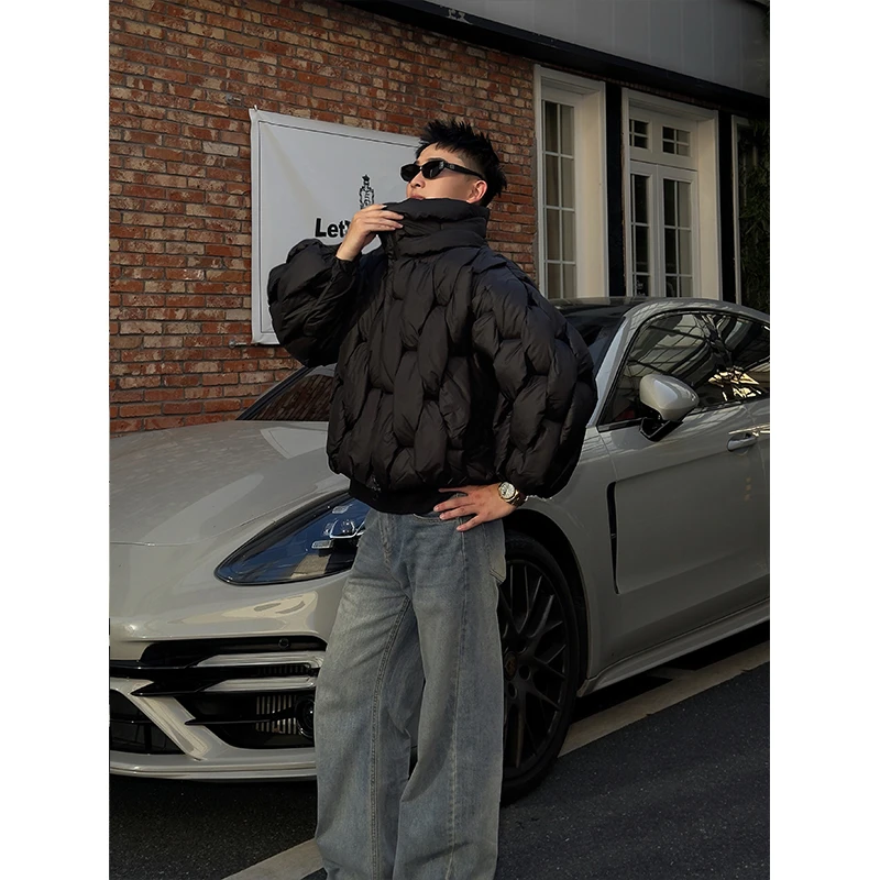 流行小众编制立领棉衣男冬季潮牌痞帅短款加厚面包棉服男士外套潮