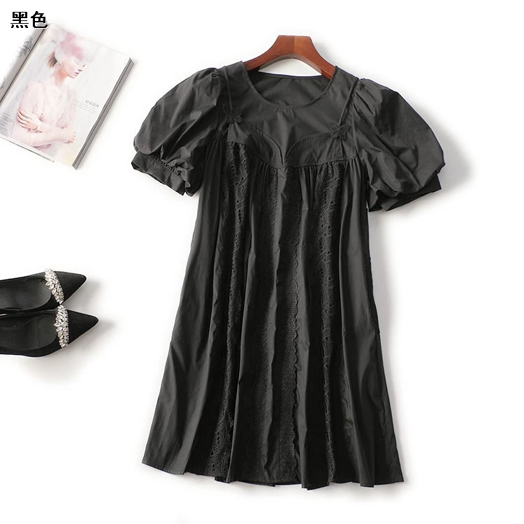 411374夏长款短袖圆领黑色气质修身连衣裙女装泡泡袖宽松夏季裙子