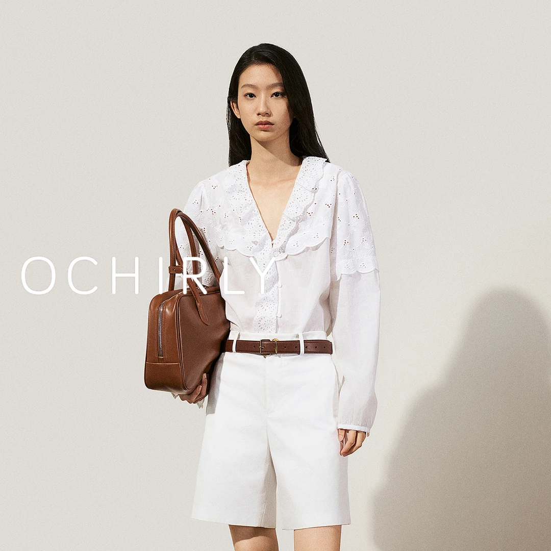 OCHIRLY欧时力 进口100%棉V领衬衫女花边荷叶领法式2025春季新品