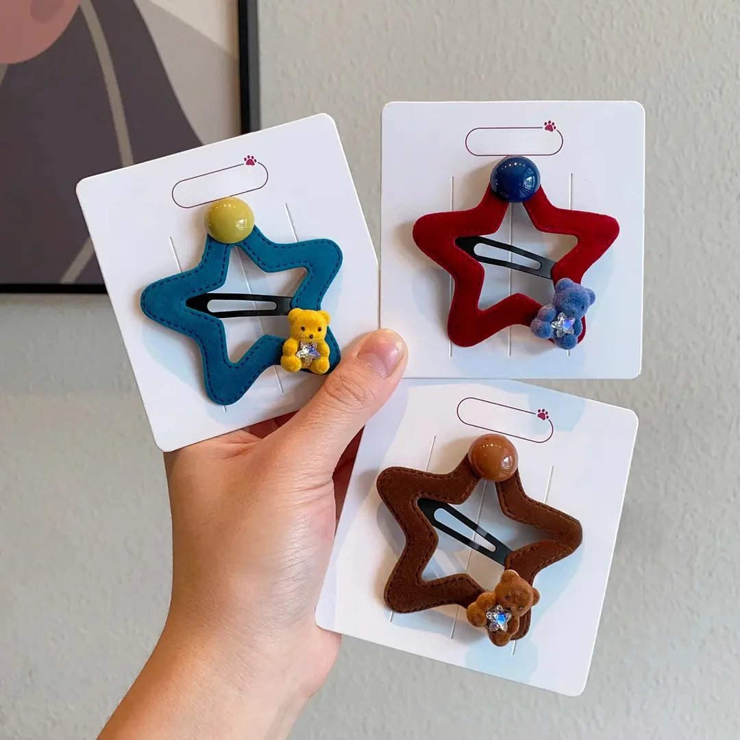 儿童植绒五角星星发夹可爱小熊侧边发卡子女童新款发饰百搭碎发夹