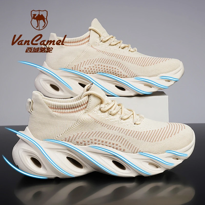 西域骆驼新款刀锋底飞织休闲运动男鞋跑步鞋大码鞋男士休闲鞋子