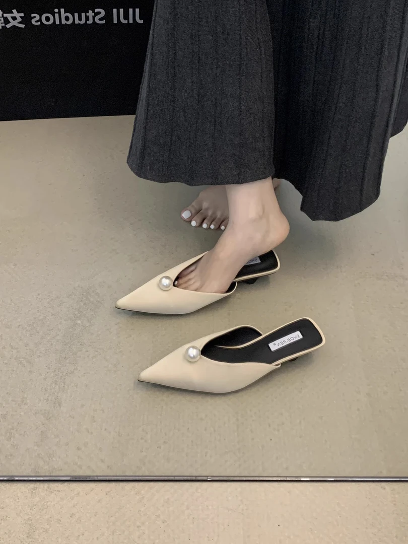 森唔~包头韩版仙女风尖头半拖鞋2025年新款配裙子珍珠小众凉单鞋