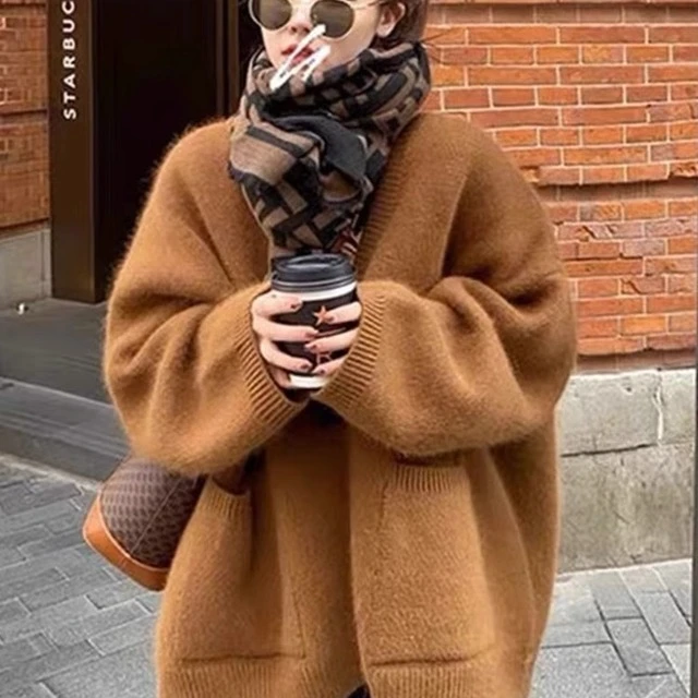 复古软糯水貂绒针织毛衣开衫秋冬慵懒风宽松加厚外穿浣熊绒外套女