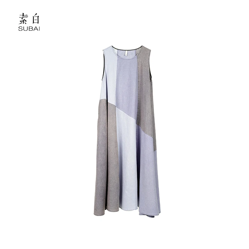 素白【蓝禅】设计感简约棉麻无袖A版显瘦炒盐连衣裙SB2503LQ01327