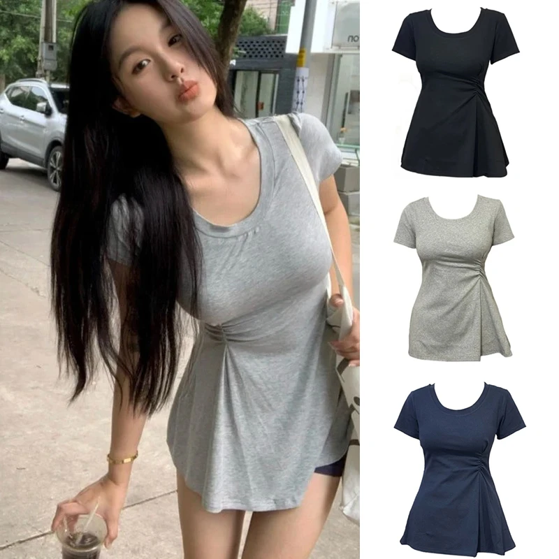 纯欲风夏季新款圆领T恤裙掐腰小众设计感正肩T桖女百搭显瘦上衣女