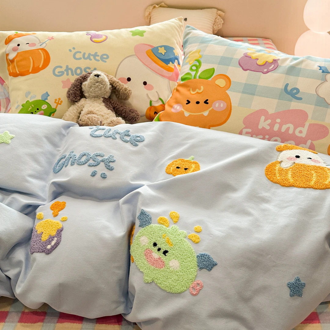 萌趣小怪兽冬季加厚磨毛床上四件套纯棉100%全棉新款被套床单床笠