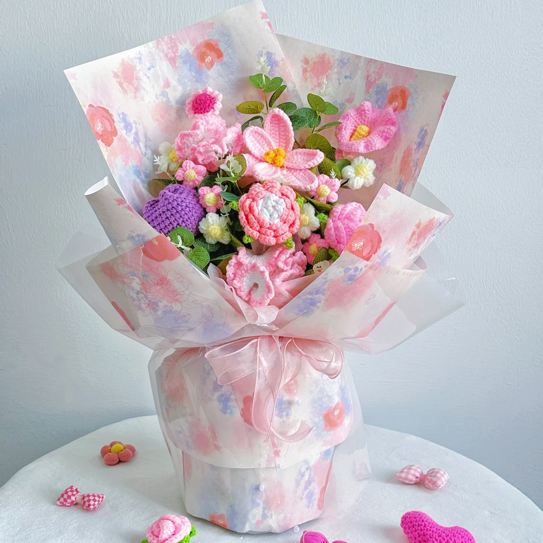 【粉色佳人】粉色康乃馨手工毛线大花束送女朋友闺蜜生日礼物 A51