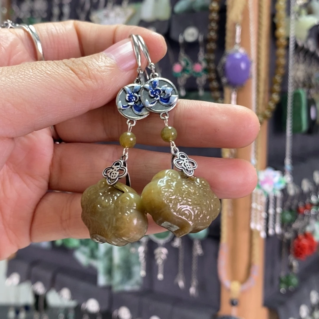 和田玉耳饰银S925镶嵌西**月X42