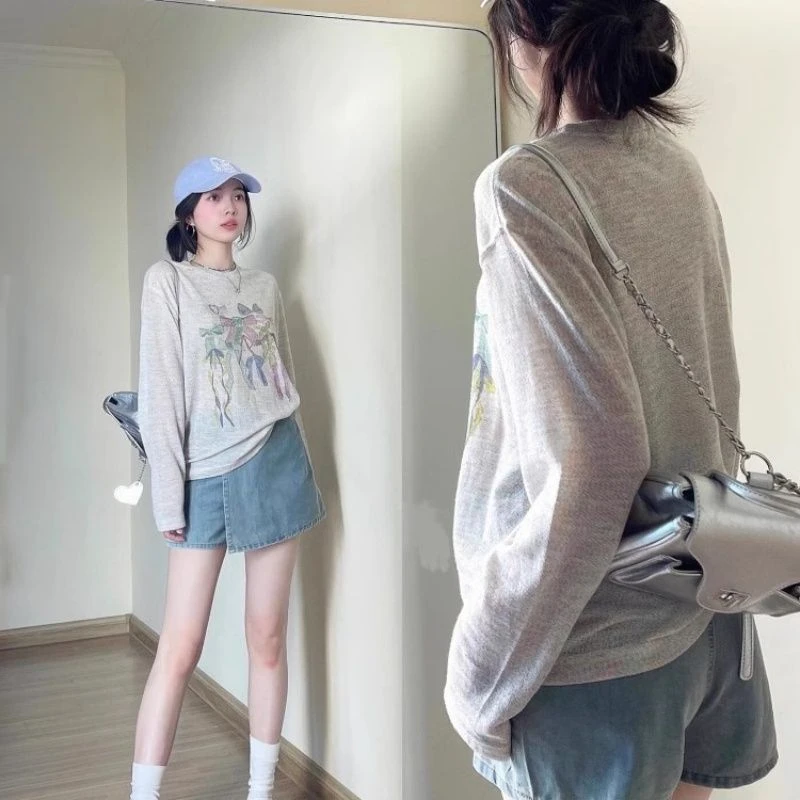 国潮牌彩砂蝴蝶结防晒长袖罩衫t恤女夏季薄款微透宽松慵懒风上衣
