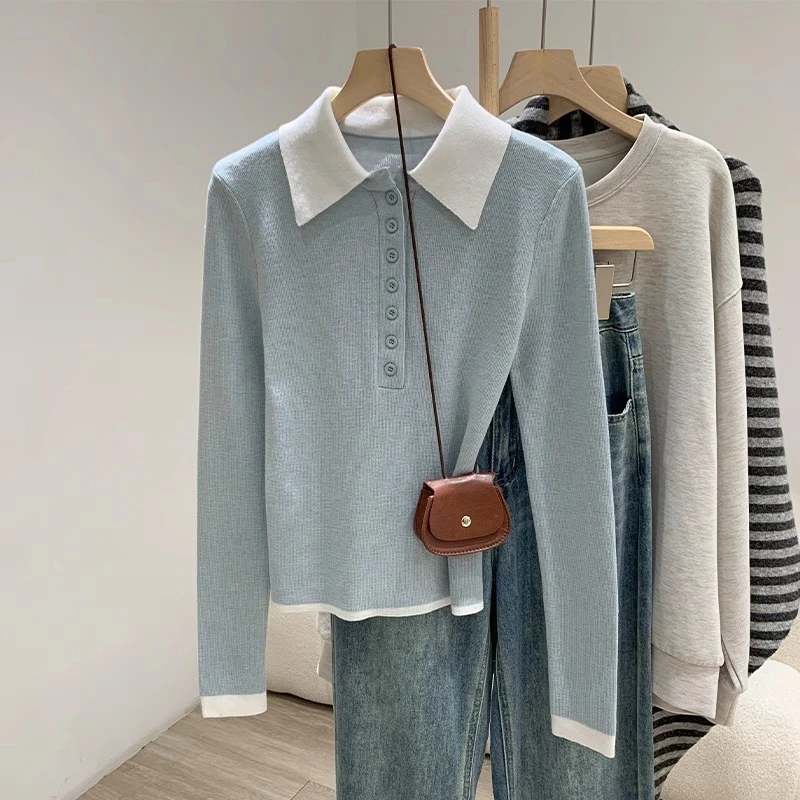 浅蓝学院风Polo领拼色针织长袖T恤女2025春季纯欲修身打底衫上衣