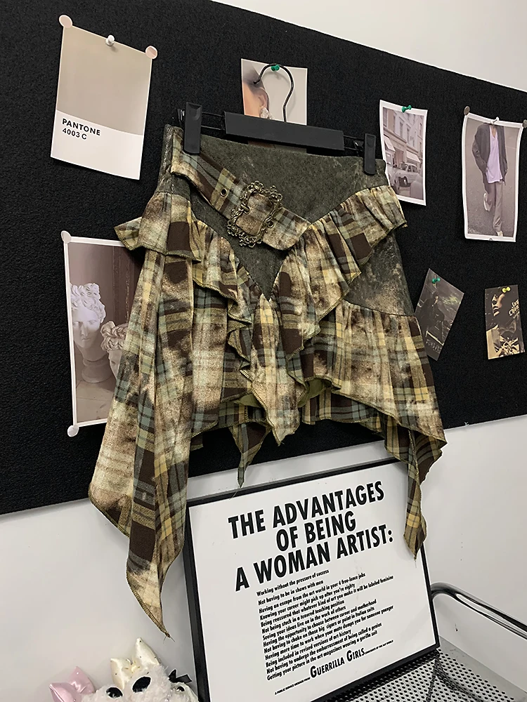 烫金扎染工艺新品y2k辣妹复古朋克格纹森系荷叶边不规则半身裙女