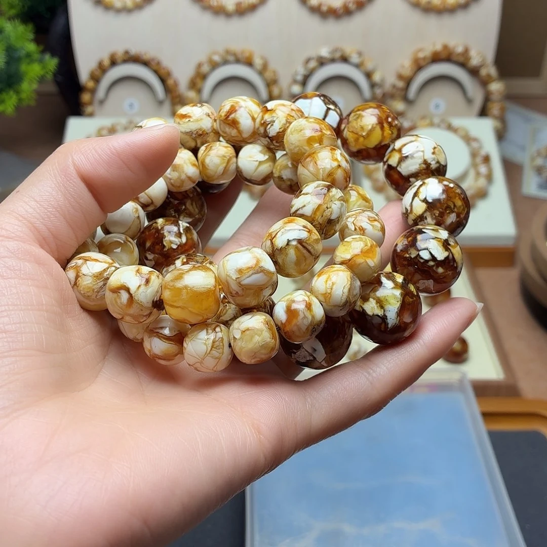 流****沁色老型单圈手串12+14沁色圆珠手串溶洞18.8