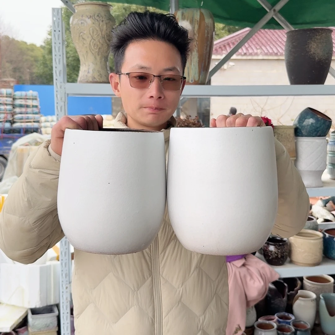 紫砂花盆口17.5高21（两个蛋壳白色胡