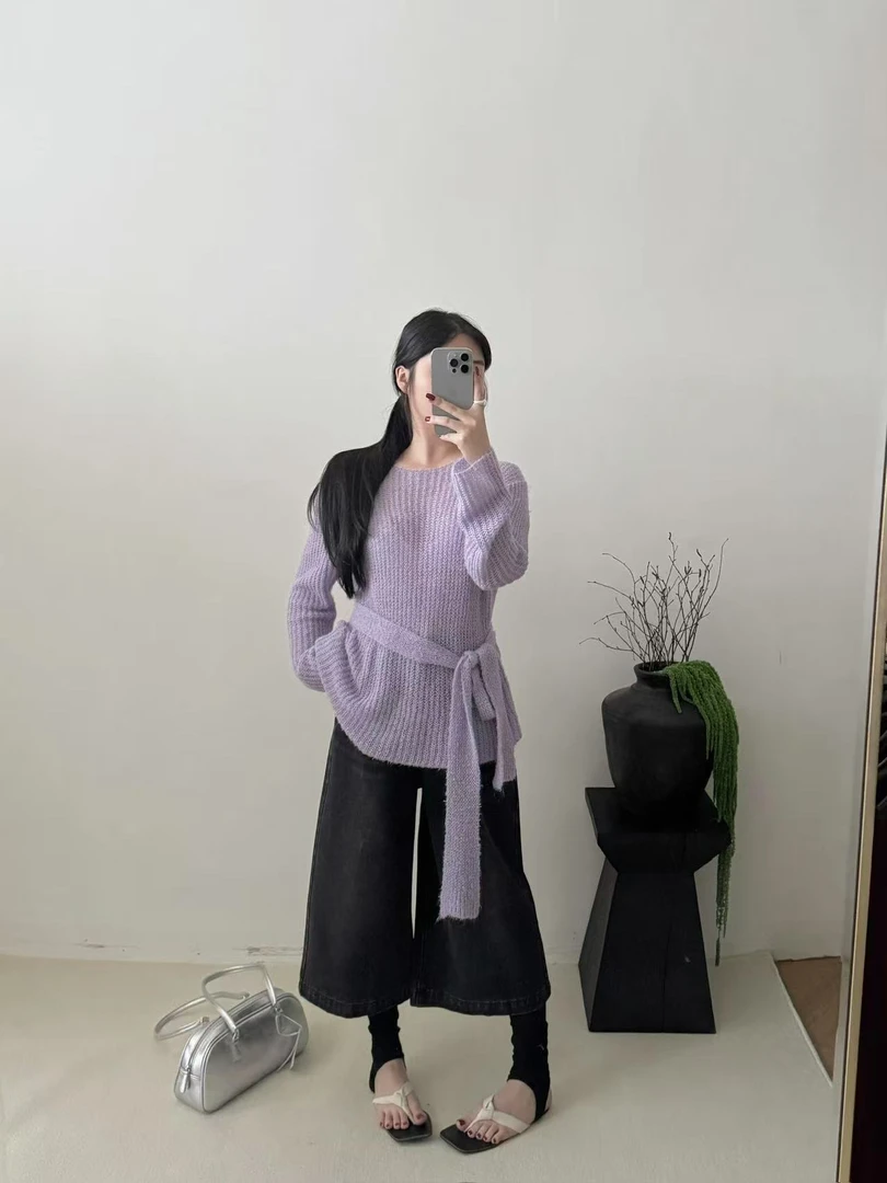 758（1558#库）针织薄款垂感上衣（带飘带）（衣长69）