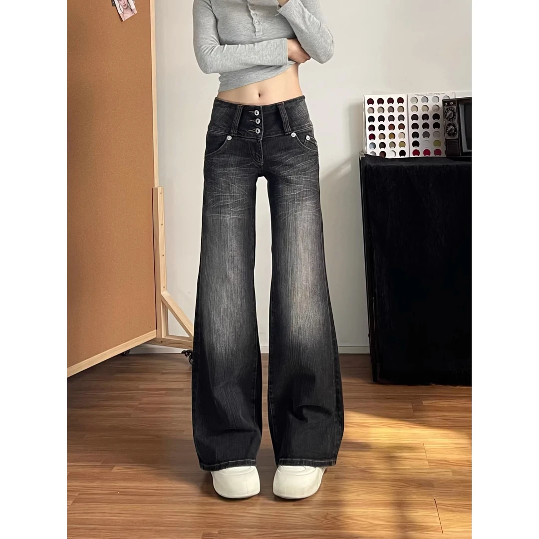 美式低腰黑灰色微喇牛仔裤裤子女款2026春季新款修身显瘦直筒长裤