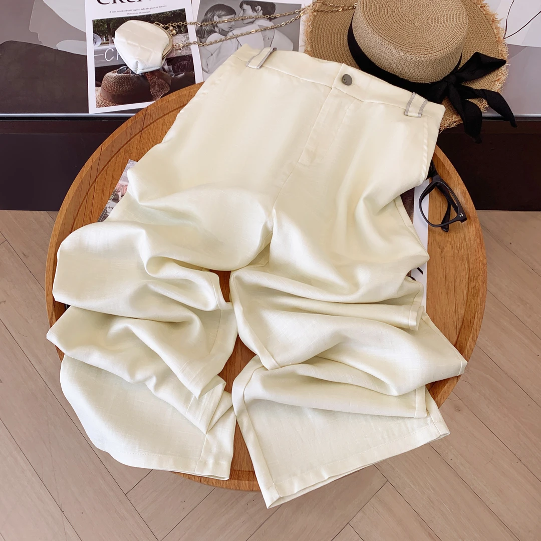 【专柜高货】人字纹法国雨露亚麻乌梅紫休闲松紧高腰显瘦直筒裤