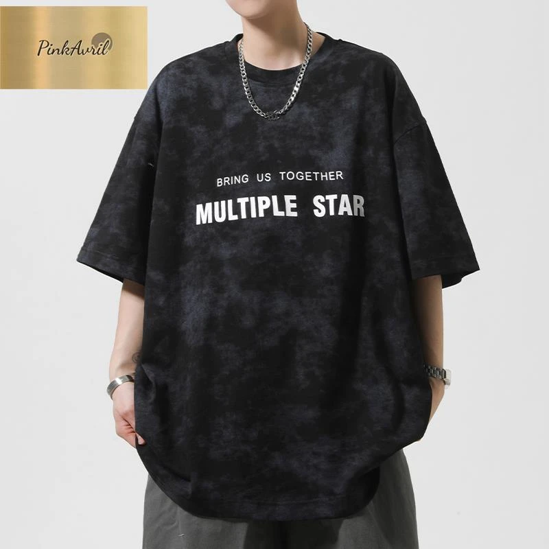 PinkAvril美式复古水洗做旧短袖男设计感小众T恤夏薄款扎染打底衫