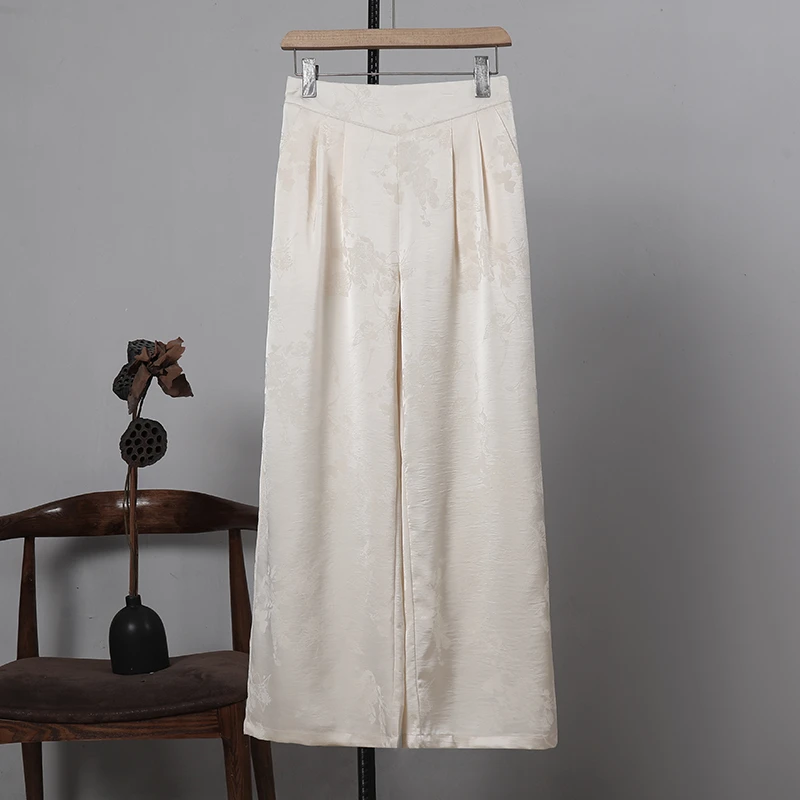 新中式国风夏季新款纯色休闲流苏垂感高腰显瘦直筒提花时尚长裤子