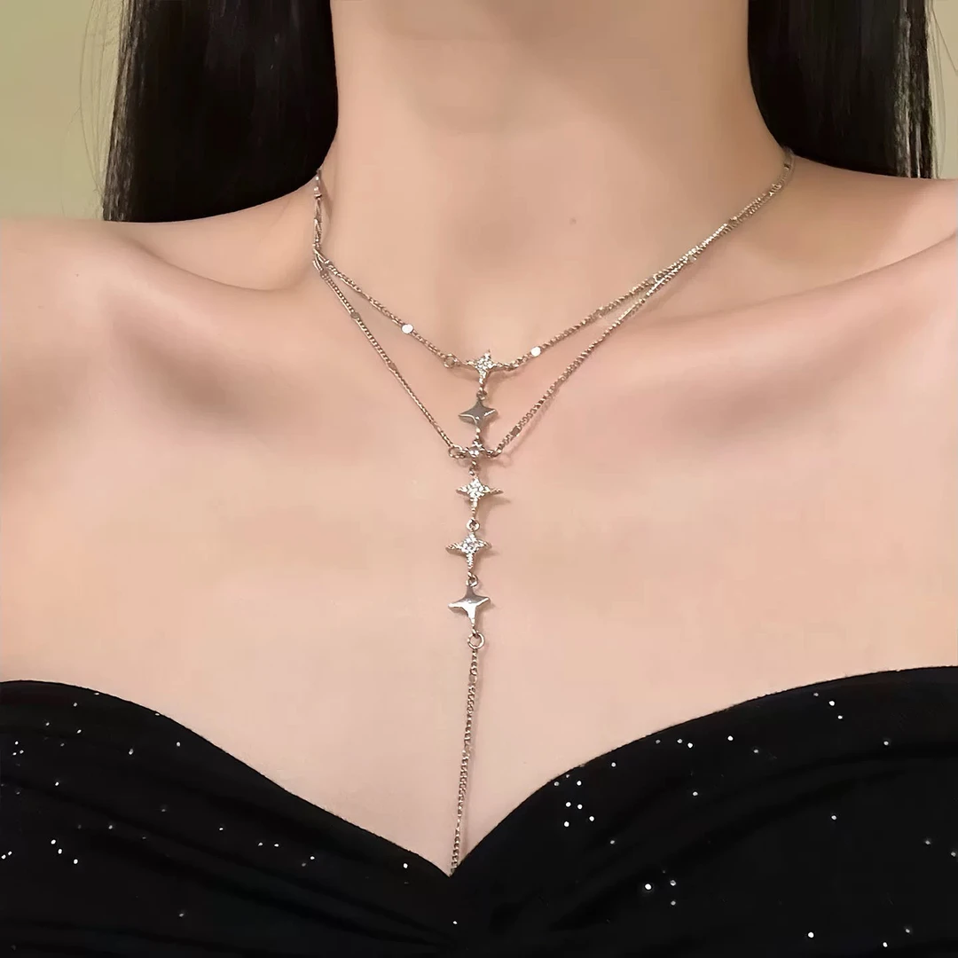 铜合金仿水晶项链 【月映星河】超闪双层叠戴星星项链长款锁骨链女