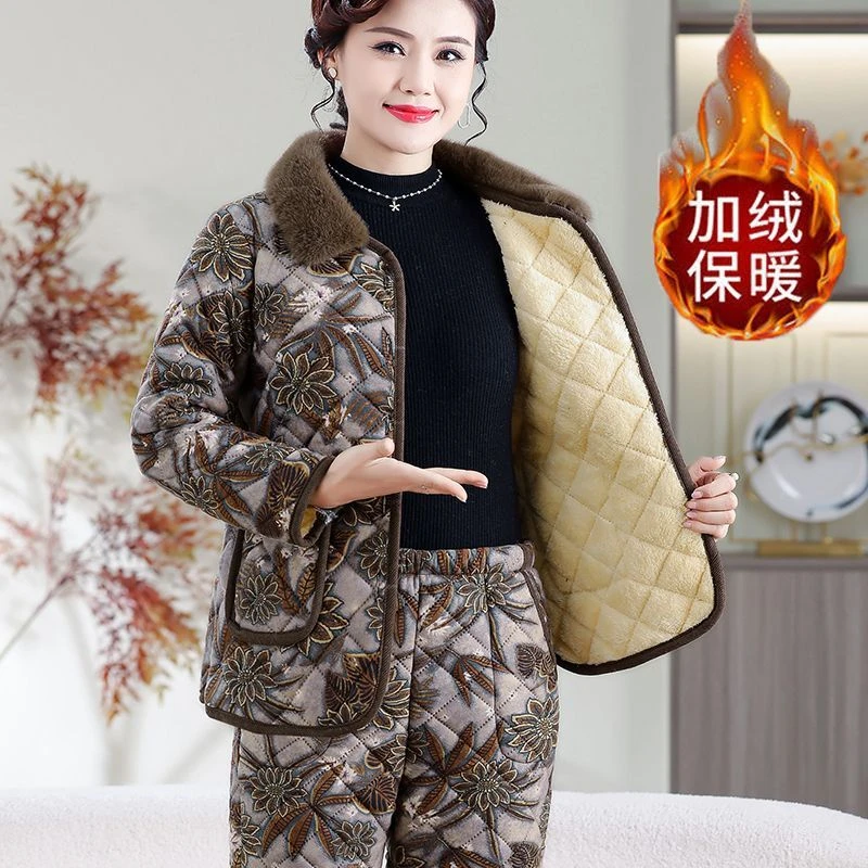 冬季妈妈洋气两件套加绒加厚棉衣外套毛领毛毛翻领树叶显瘦棉袄