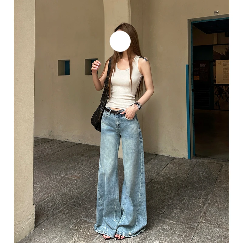 美式复古做旧水洗磨破牛仔裤女2025春夏宽松阔腿立体剪裁休闲长裤