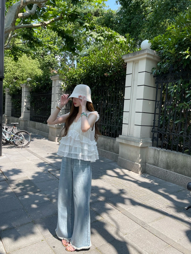 毛边阔腿牛仔裤气质 夏季宽松