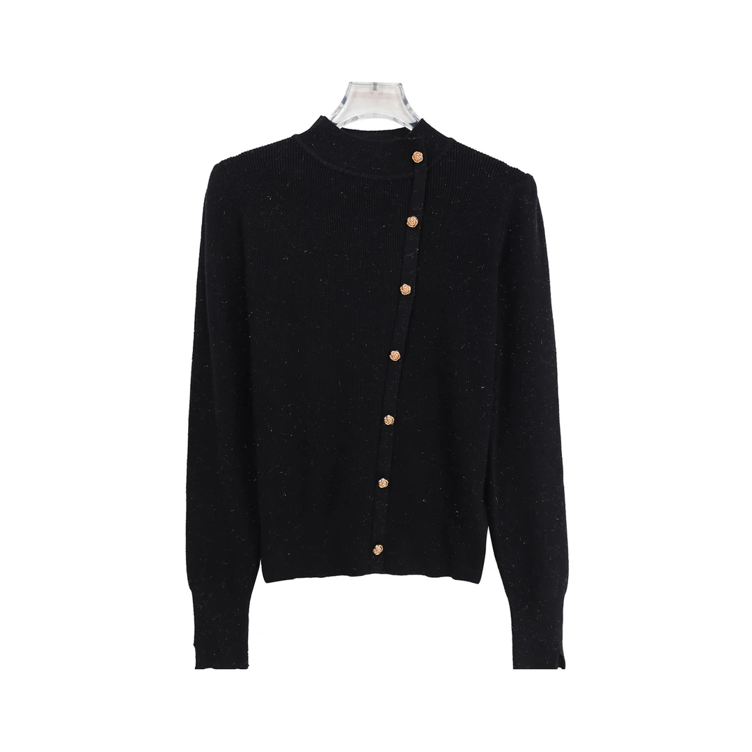 纯色优雅斜排扣设计感气质千金风针织上衣X27878