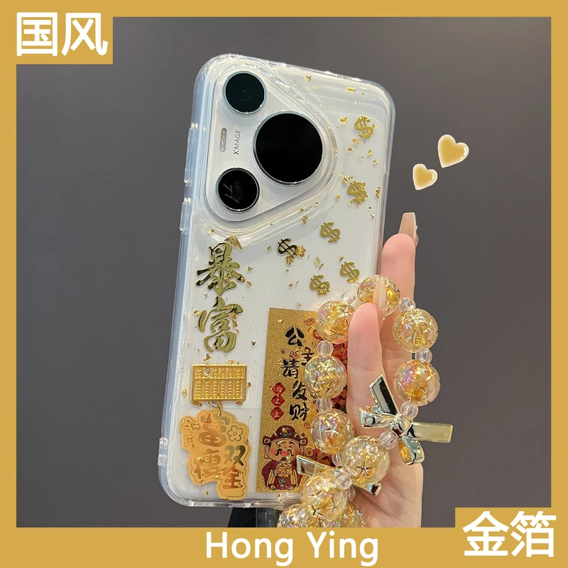 适用华为pura70pro新款手机壳国风滴胶金箔新年發財平安喜乐mate8