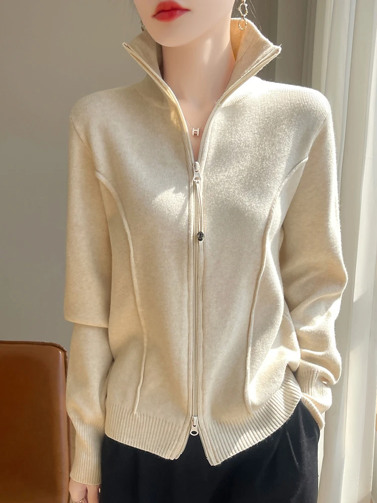 高领纯色显瘦针织开衫秋冬立领外套拉链长袖纯色毛衣上衣打底外穿