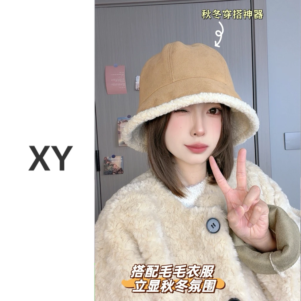 韩版秋冬纯色保暖毛绒绒冷帽双面加厚百搭显脸小圆顶六片渔夫帽