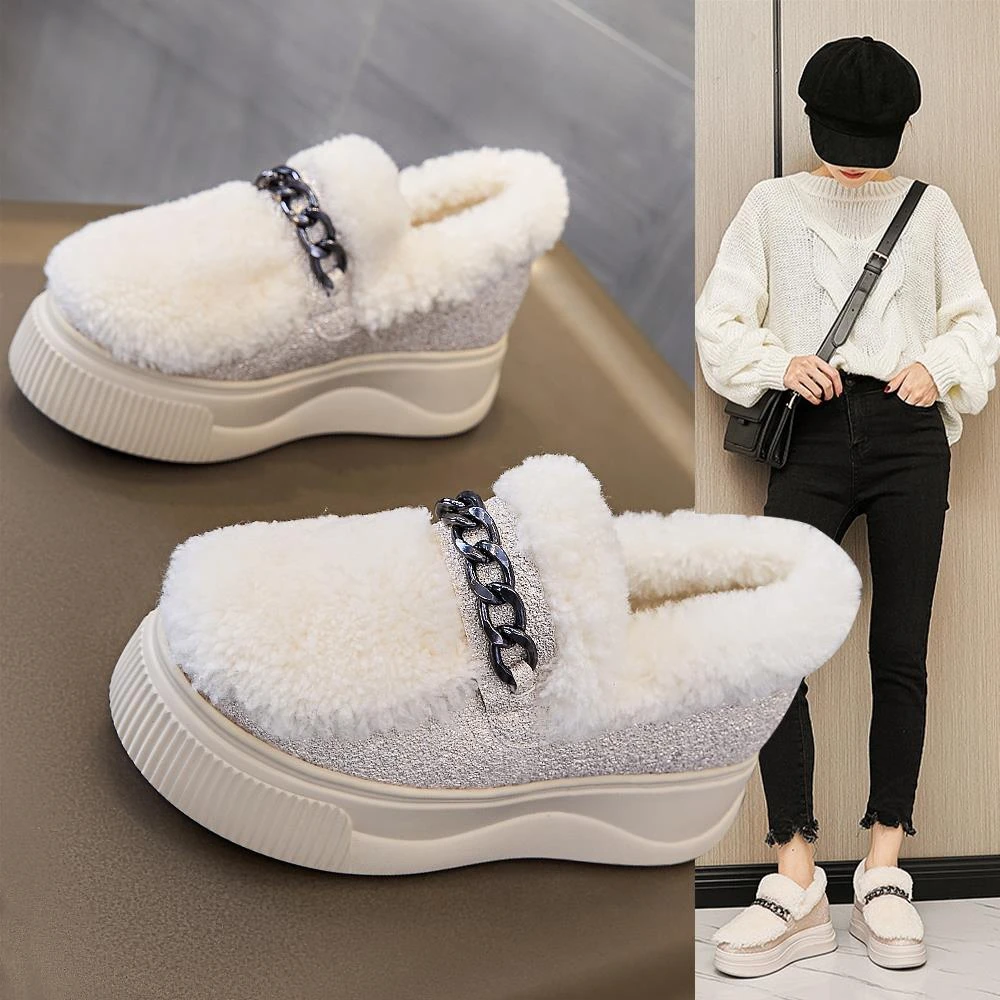 加绒乐福鞋女2026新款冬季保暖外穿毛毛鞋内增高厚底时尚豆豆棉鞋
