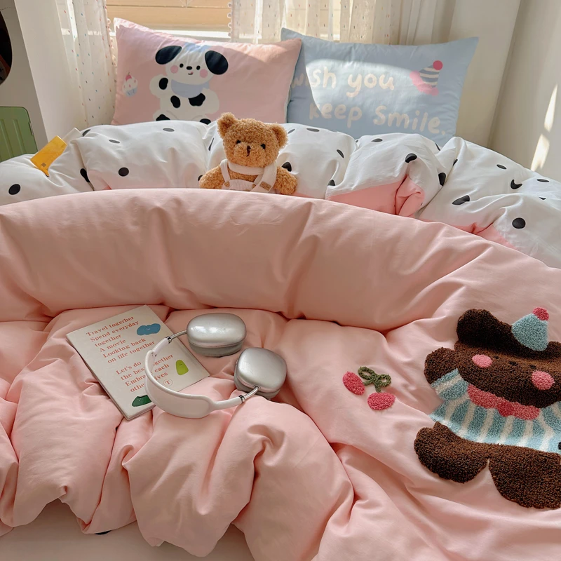 ins小清新全棉毛巾绣四件套少女心被罩100纯棉亲肤粉色床单被套