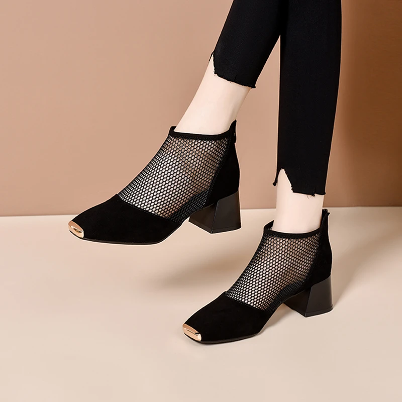 镂空真皮凉靴女2025春夏新款粗跟方头网纱女鞋配裙子磨砂罗马凉鞋