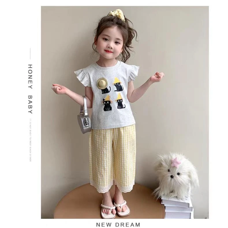 新款女童夏季两件套洋气飞袖体恤格子裤套装